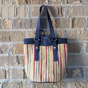 Vintage Y2K Lucky Brand Colorful Braided Straw Bucket Bag Tote Navy Blue